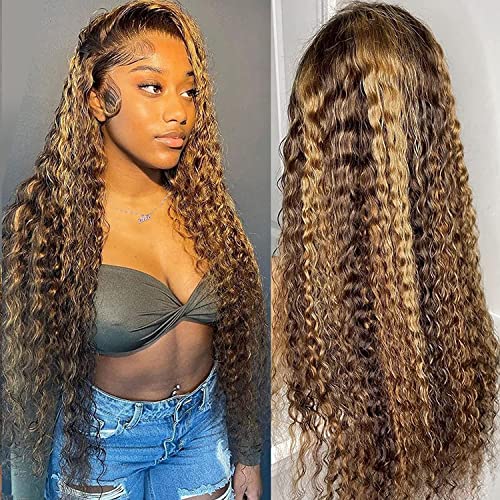 13x6 Highlight Ombre Lace Front Wigs Human Hair 200% Density Curly Wave Honey Blonde 4/27 HD Lace Frontal Wig for Black Women 26 Inch Deep Wave Lace Front Human Hair Wig Pre Plucked with Baby Hair